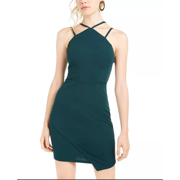 Sequin Hearts Green Scuba Strappy Asymmetric Mini Sheath Dress Junior 9 NWT - Picture 1 of 15